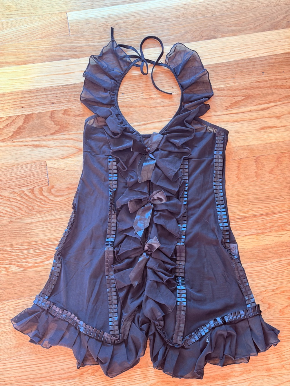 Y2K Black Ruffle Bow Halter Top XL Sheer Mesh Goth Whimsigoth 2000s